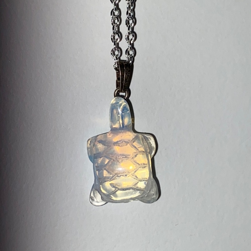 Glass Turtle pendant charm on silver link chain lobster lock